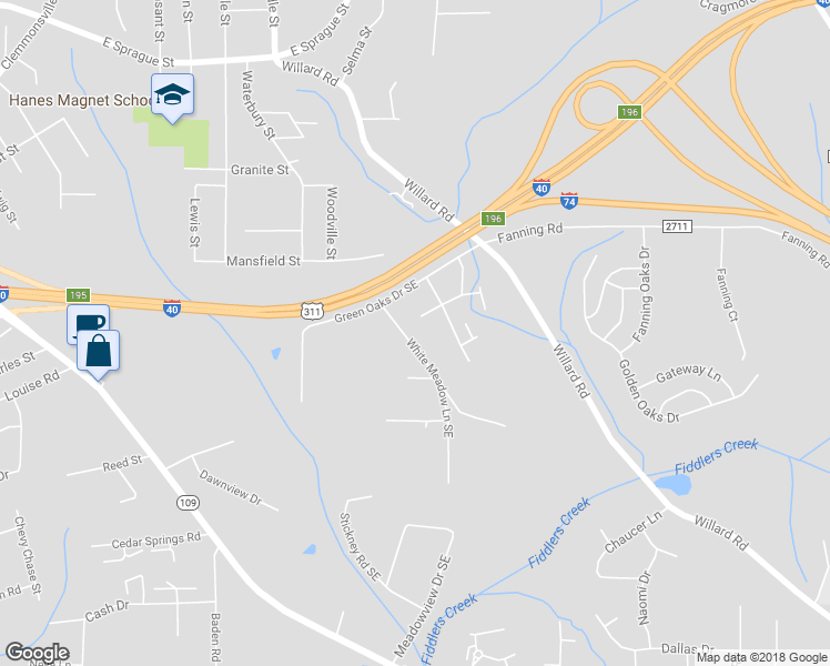 map of restaurants, bars, coffee shops, grocery stores, and more near 2813 White Meadow Lane Southeast in Winston-Salem