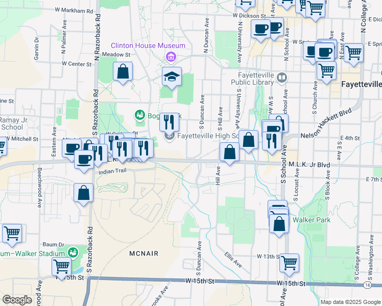 map of restaurants, bars, coffee shops, grocery stores, and more near 554 South Buchanan Avenue in Fayetteville