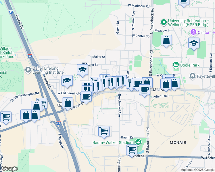 map of restaurants, bars, coffee shops, grocery stores, and more near 1882 Martin Luther King Junior Boulevard in Fayetteville