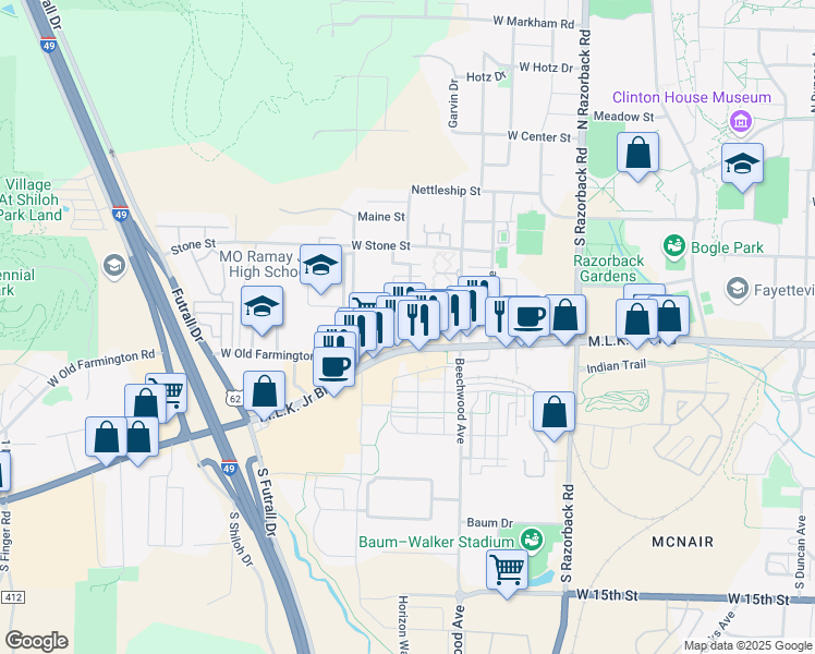 map of restaurants, bars, coffee shops, grocery stores, and more near 1882 Martin Luther King Junior Boulevard in Fayetteville