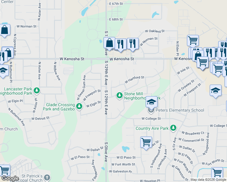 map of restaurants, bars, coffee shops, grocery stores, and more near 505 North Nyssa Avenue in Broken Arrow