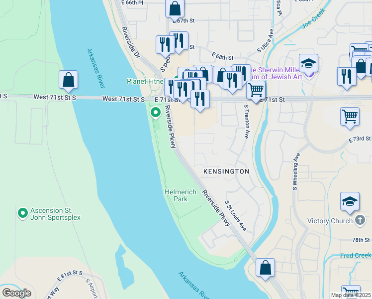 map of restaurants, bars, coffee shops, grocery stores, and more near 7401 Riverside Parkway in Tulsa