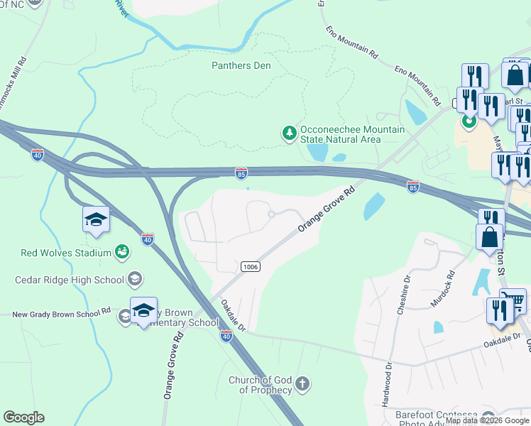 map of restaurants, bars, coffee shops, grocery stores, and more near 100 Patriots Pointe Drive in Hillsborough