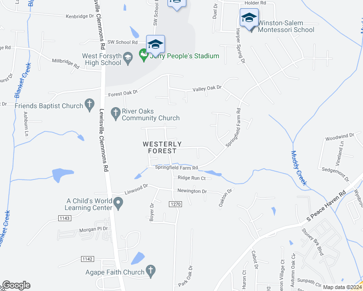 map of restaurants, bars, coffee shops, grocery stores, and more near 6661 Springfield Village Lane in Clemmons