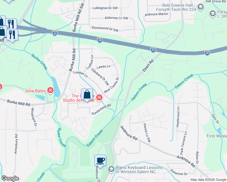 map of restaurants, bars, coffee shops, grocery stores, and more near 2171 New Castle Drive in Winston-Salem