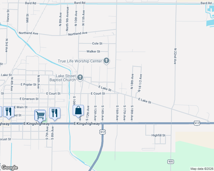 map of restaurants, bars, coffee shops, grocery stores, and more near 1401 East Lake Street in Paragould