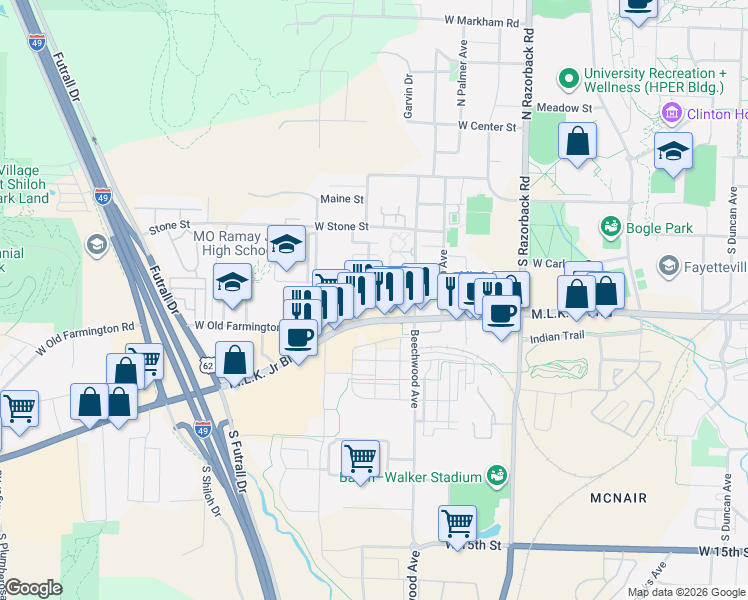 map of restaurants, bars, coffee shops, grocery stores, and more near 1882 Martin Luther King Junior Boulevard in Fayetteville