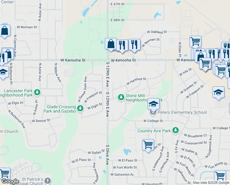map of restaurants, bars, coffee shops, grocery stores, and more near 505 North Nyssa Avenue in Broken Arrow