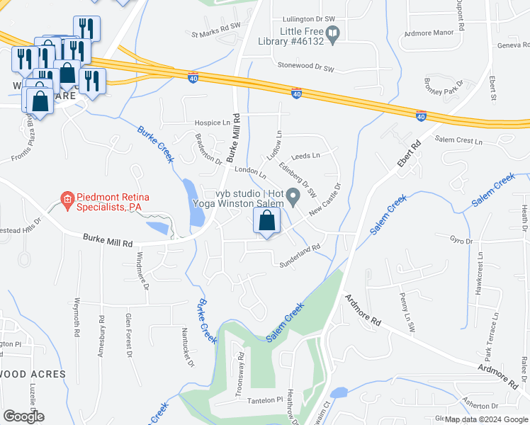 map of restaurants, bars, coffee shops, grocery stores, and more near 2722 Winslow Lane in Winston-Salem