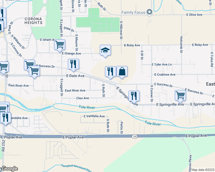 map of restaurants, bars, coffee shops, grocery stores, and more near 1147 East Date Avenue in Porterville