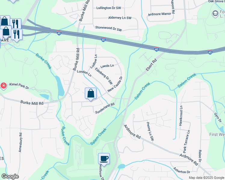 map of restaurants, bars, coffee shops, grocery stores, and more near 2177 New Castle Drive in Winston-Salem
