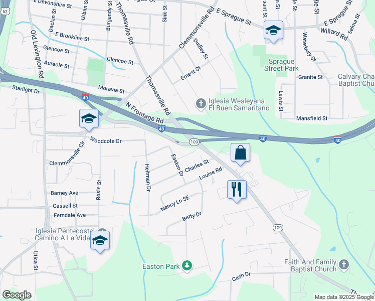 map of restaurants, bars, coffee shops, grocery stores, and more near 1113 Leona Street in Winston-Salem