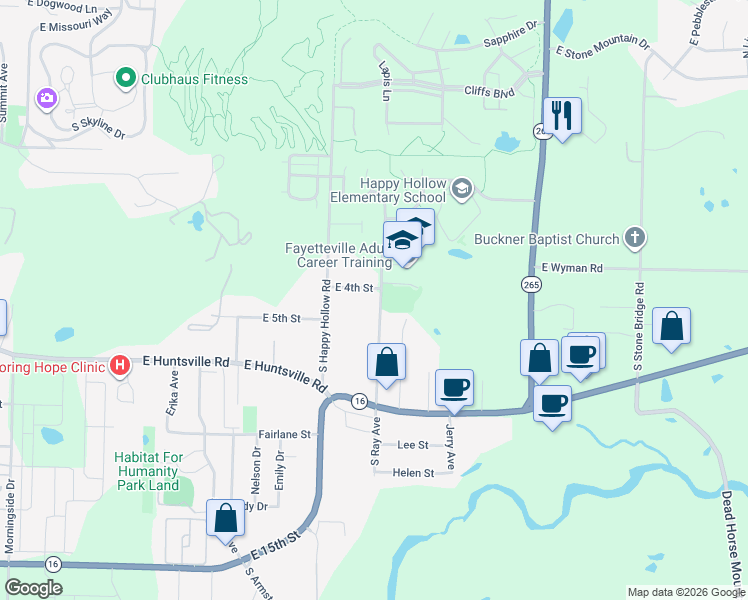 map of restaurants, bars, coffee shops, grocery stores, and more near 467 South Ray Avenue in Fayetteville