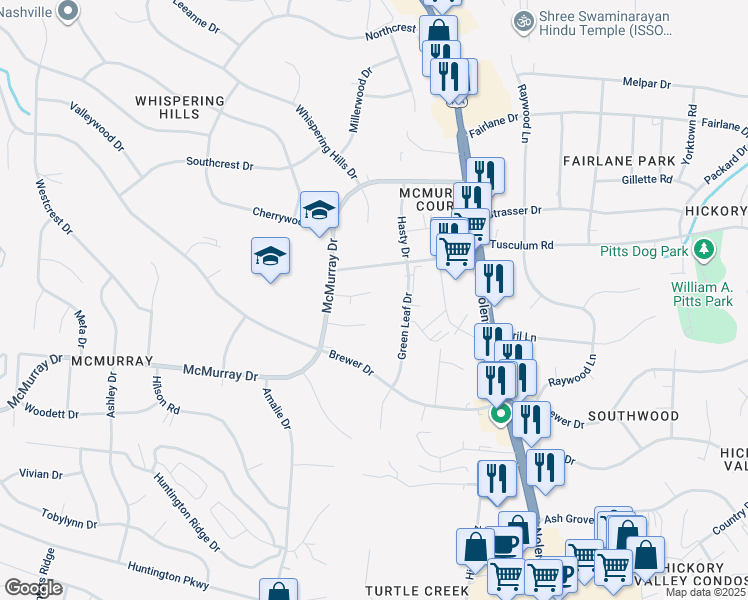 map of restaurants, bars, coffee shops, grocery stores, and more near 5125 Manorwood Court in Nashville