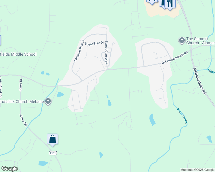 map of restaurants, bars, coffee shops, grocery stores, and more near 1603 Sykes Road in Mebane
