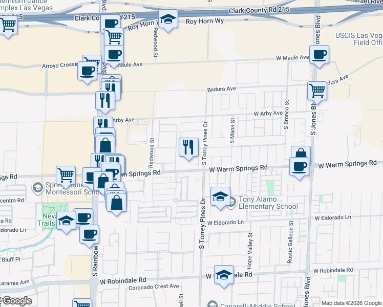 map of restaurants, bars, coffee shops, grocery stores, and more near 6540 Mocha Brown Court in Las Vegas