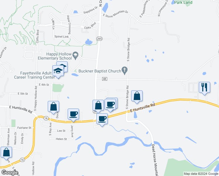 map of restaurants, bars, coffee shops, grocery stores, and more near 2622 East Turtle Creek Drive in Fayetteville