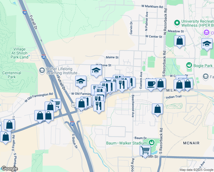 map of restaurants, bars, coffee shops, grocery stores, and more near 591 South Phillip Drive in Fayetteville