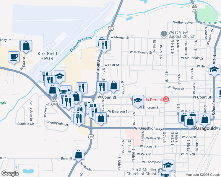 map of restaurants, bars, coffee shops, grocery stores, and more near in Paragould