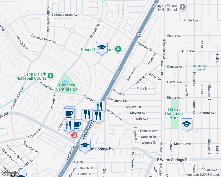 map of restaurants, bars, coffee shops, grocery stores, and more near 2 Navajo Drive in Henderson