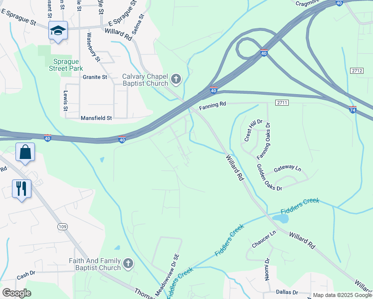 map of restaurants, bars, coffee shops, grocery stores, and more near 2555 Green Oaks Court Southeast in Winston-Salem