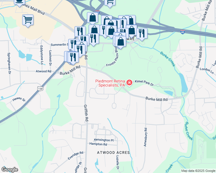 map of restaurants, bars, coffee shops, grocery stores, and more near 3250 Homestead Club Drive in Winston-Salem