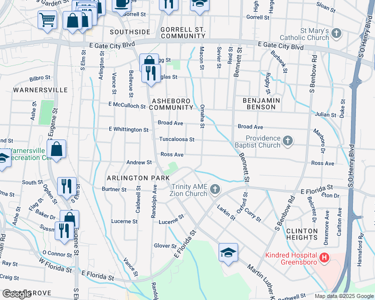 map of restaurants, bars, coffee shops, grocery stores, and more near 701 Ross Avenue in Greensboro