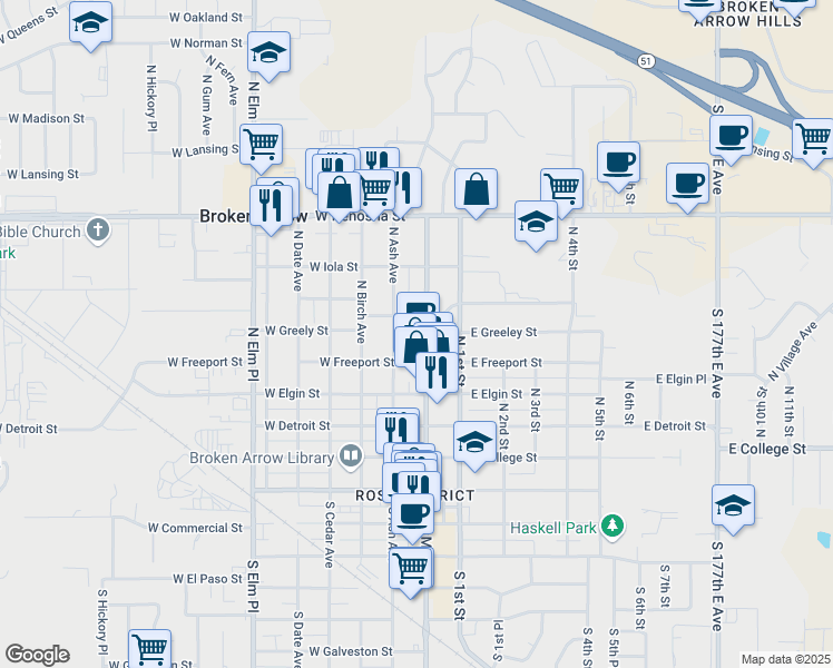 map of restaurants, bars, coffee shops, grocery stores, and more near 500 North Main Street in Broken Arrow
