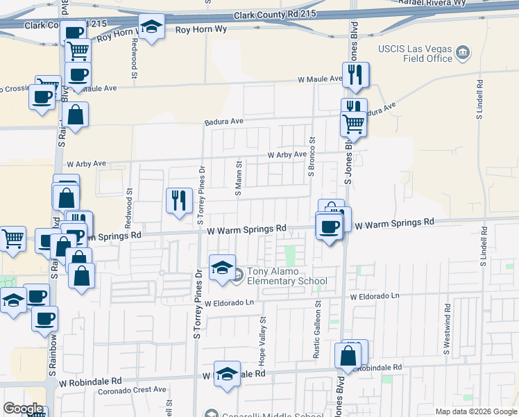 map of restaurants, bars, coffee shops, grocery stores, and more near 7243 Shannon Ridge Court in Las Vegas