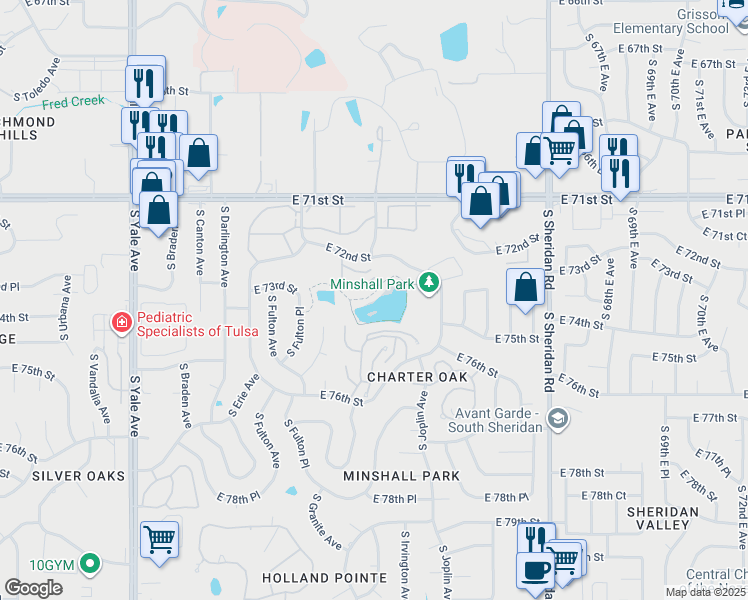 map of restaurants, bars, coffee shops, grocery stores, and more near 7404 South Kingston Avenue in Tulsa