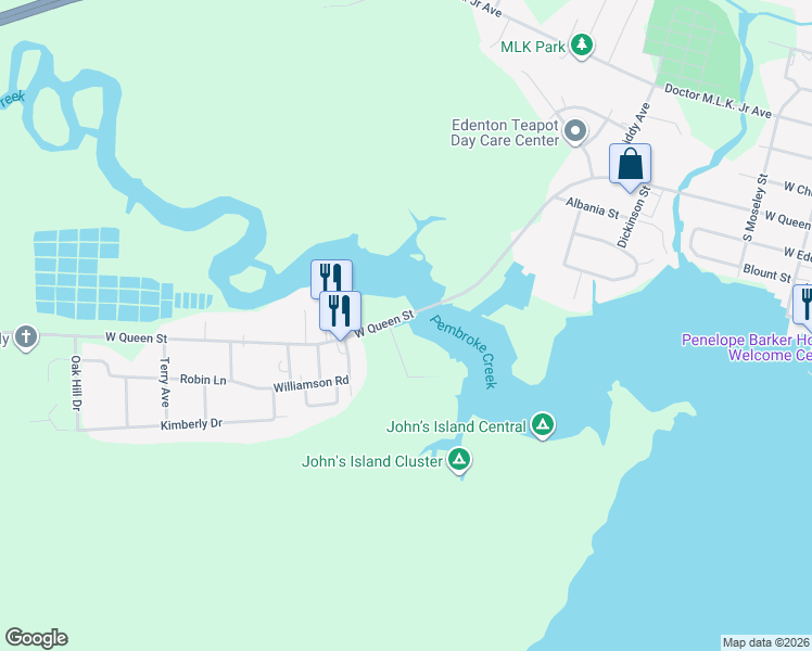 map of restaurants, bars, coffee shops, grocery stores, and more near 1 Old Fish Hatchery Road in Edenton