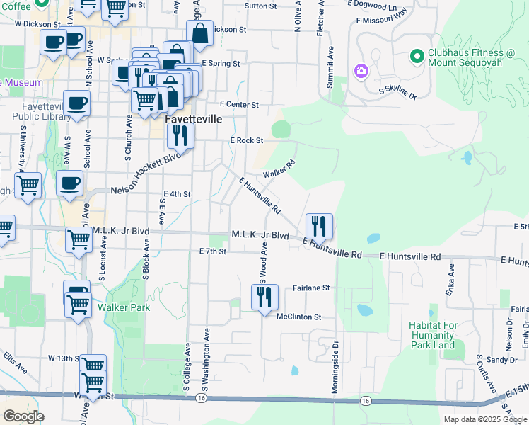 map of restaurants, bars, coffee shops, grocery stores, and more near 511 South Wood Avenue in Fayetteville