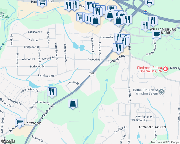 map of restaurants, bars, coffee shops, grocery stores, and more near 2300 South Stratford Road in Winston-Salem