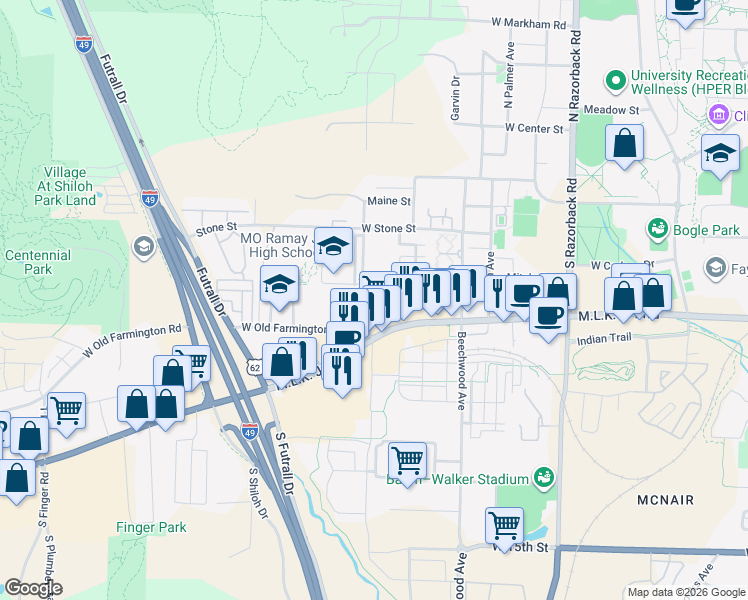 map of restaurants, bars, coffee shops, grocery stores, and more near 589 South Phillip Drive in Fayetteville