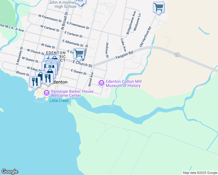 map of restaurants, bars, coffee shops, grocery stores, and more near 110 Cotton Mill Circle in Edenton