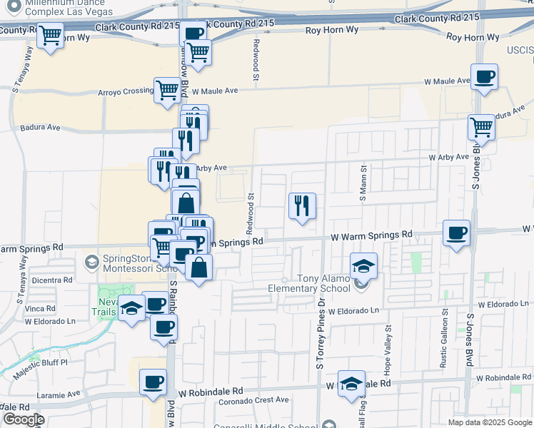 map of restaurants, bars, coffee shops, grocery stores, and more near 6650 West Warm Springs Road in Las Vegas