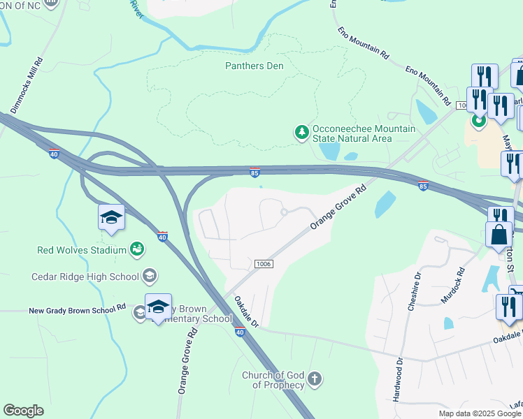 map of restaurants, bars, coffee shops, grocery stores, and more near 900 Ranger Drive in Hillsborough