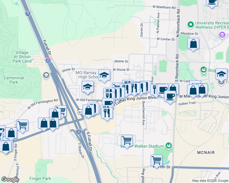 map of restaurants, bars, coffee shops, grocery stores, and more near 617 South Phillip Drive in Fayetteville