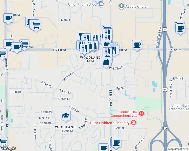 map of restaurants, bars, coffee shops, grocery stores, and more near 7425 South 94th East Avenue in Tulsa