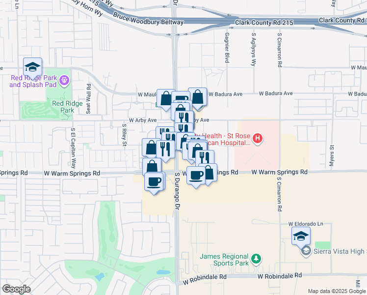 map of restaurants, bars, coffee shops, grocery stores, and more near 7250 South Durango Drive in Las Vegas