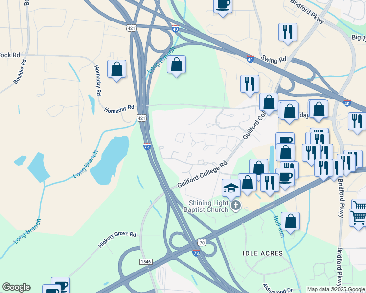 map of restaurants, bars, coffee shops, grocery stores, and more near 5743 Bramblegate Road in Greensboro