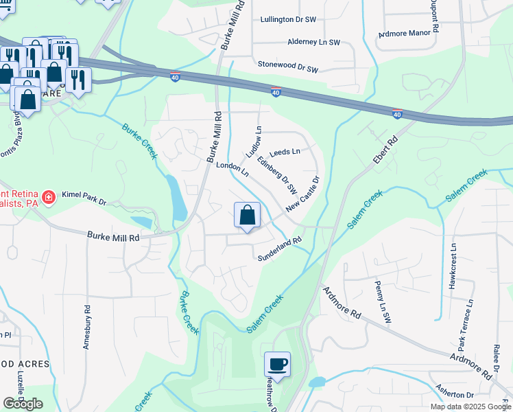 map of restaurants, bars, coffee shops, grocery stores, and more near 2718 Winslow Lane in Winston-Salem