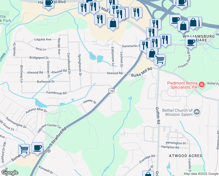 map of restaurants, bars, coffee shops, grocery stores, and more near 2300 South Stratford Road in Winston-Salem