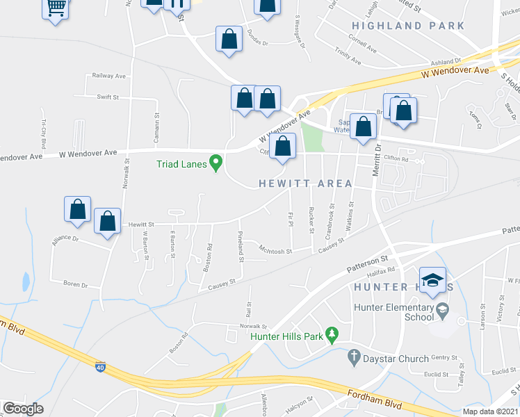 map of restaurants, bars, coffee shops, grocery stores, and more near Hewitt Street in Greensboro