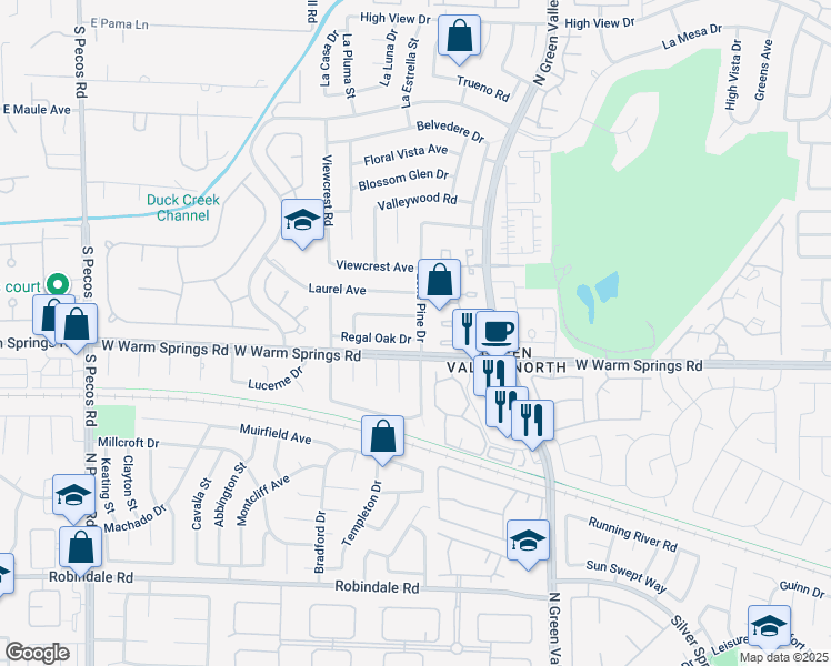 map of restaurants, bars, coffee shops, grocery stores, and more near 3128 Regal Oak Drive in Henderson