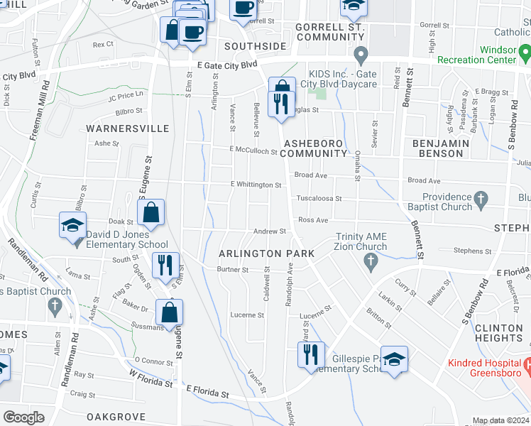 map of restaurants, bars, coffee shops, grocery stores, and more near 1004 Caldwell Street in Greensboro