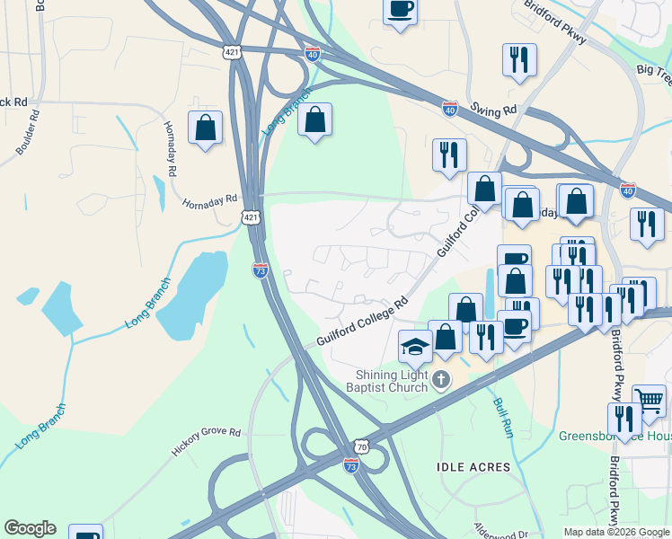 map of restaurants, bars, coffee shops, grocery stores, and more near 5729 Bramblegate Road in Greensboro