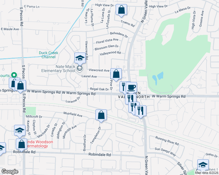 map of restaurants, bars, coffee shops, grocery stores, and more near 3128 Regal Oak Drive in Henderson