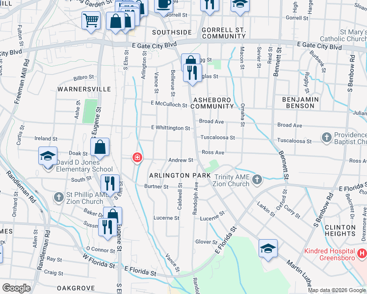 map of restaurants, bars, coffee shops, grocery stores, and more near 1005 Caldwell Street in Greensboro