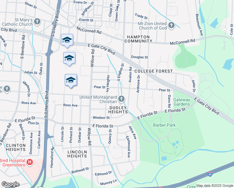 map of restaurants, bars, coffee shops, grocery stores, and more near 2215 Tuscaloosa Street in Greensboro